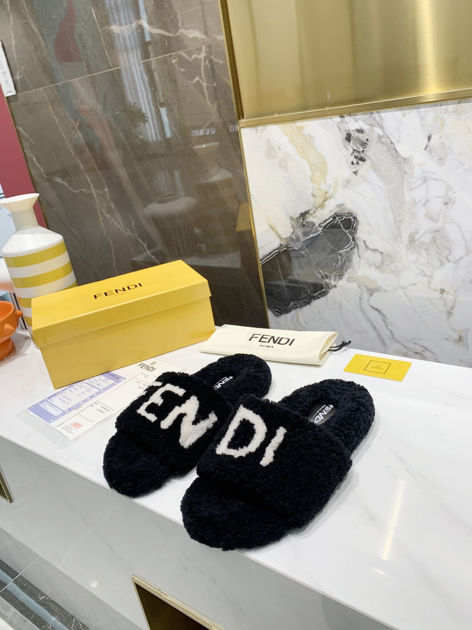 Fendi Shearling Slides Black