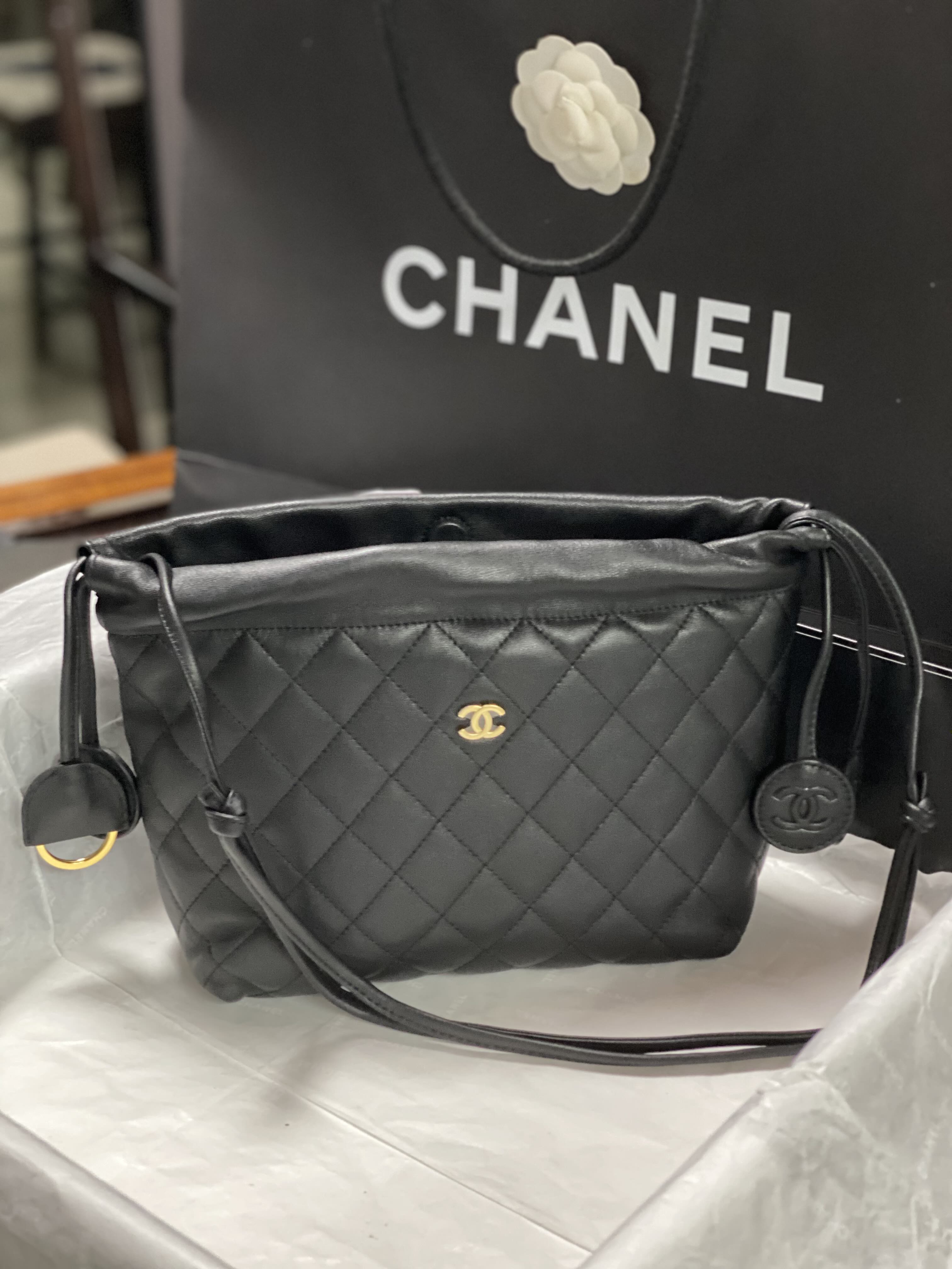 26C Black Quilted Lambskin Drawstring Bucket Bags with Gold Hardware