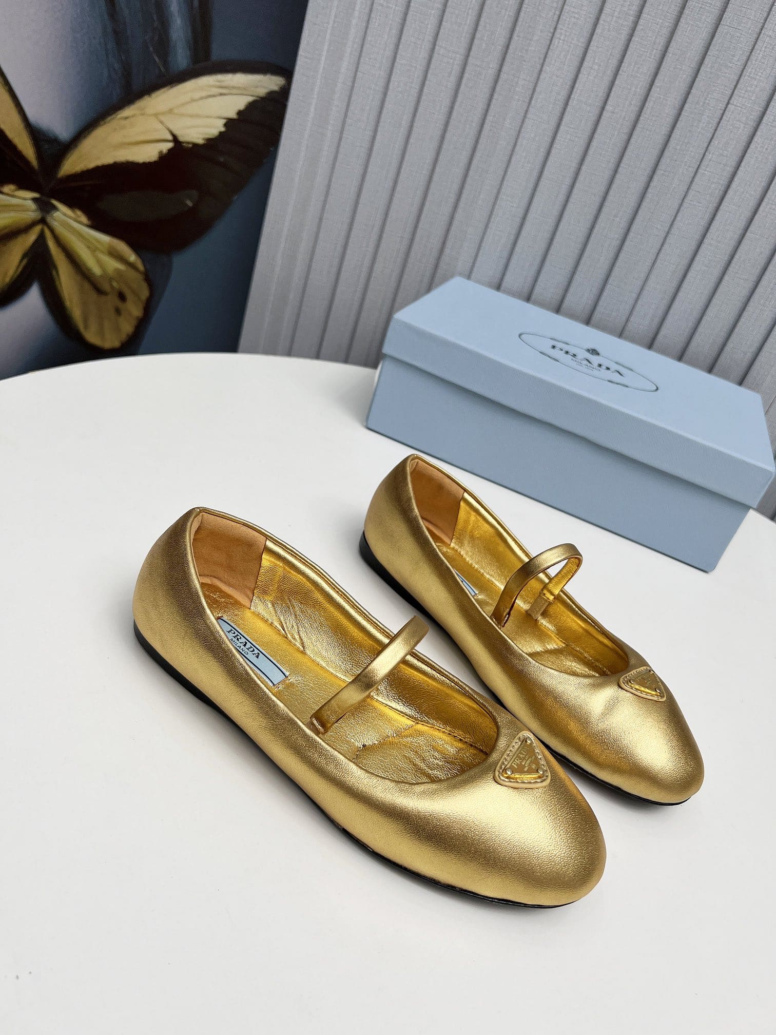 Prada Soft Padded Nappa Leather Ballerinas Gold
