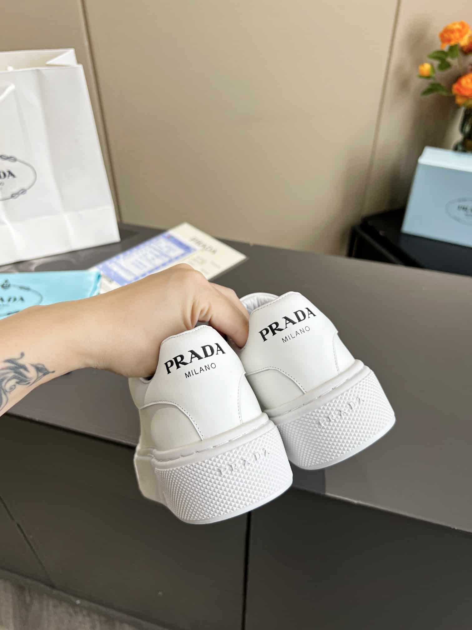 Prada Sneaker In White Leather With White