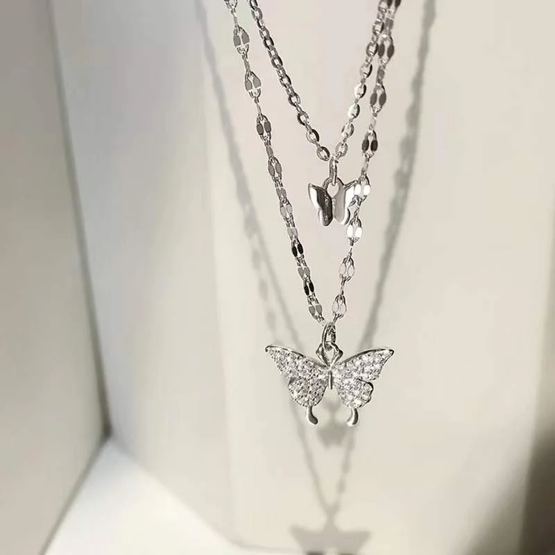 Velira s925 Double Butterfly Pendant Stacked Necklace