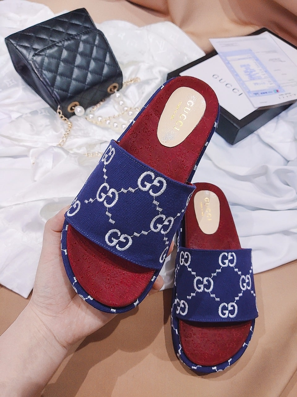 Gucci Women?S With Gg Pattern Slide Sandal Dark Blue