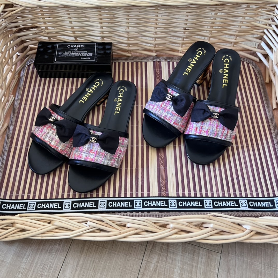 Chanel Grosgrain Ribbon Bow Mule Tweed Pink G45691