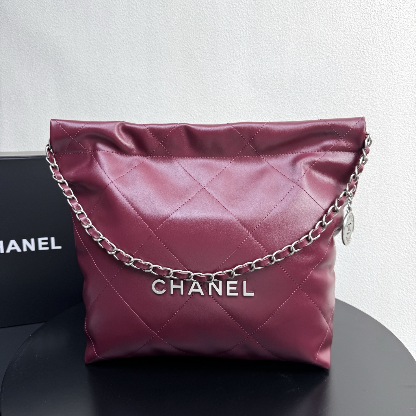 22 Bag Quilted Shiny Calfskin in Burgundy (Silver Hardware)