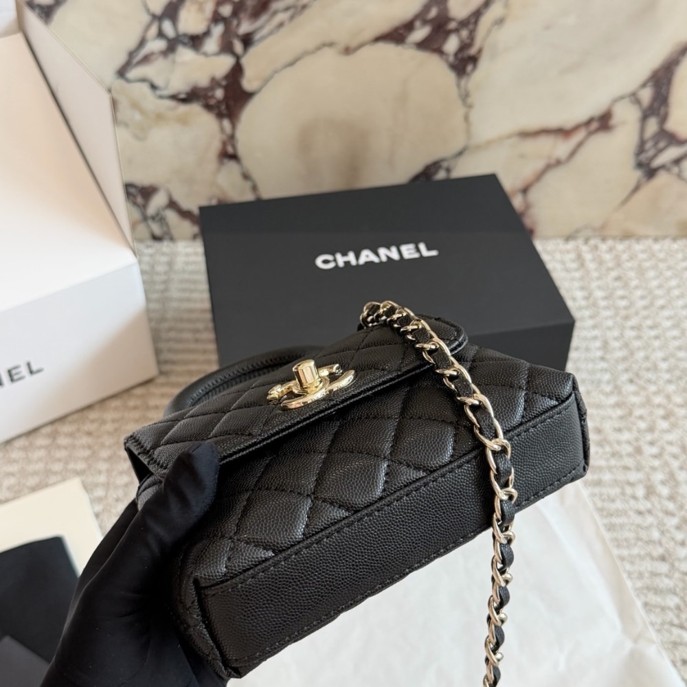 Chanel Mini Flap Bag With Top Handle Shiny And Gold Tone Metal Black 15Cm AS2215 B05061 94305