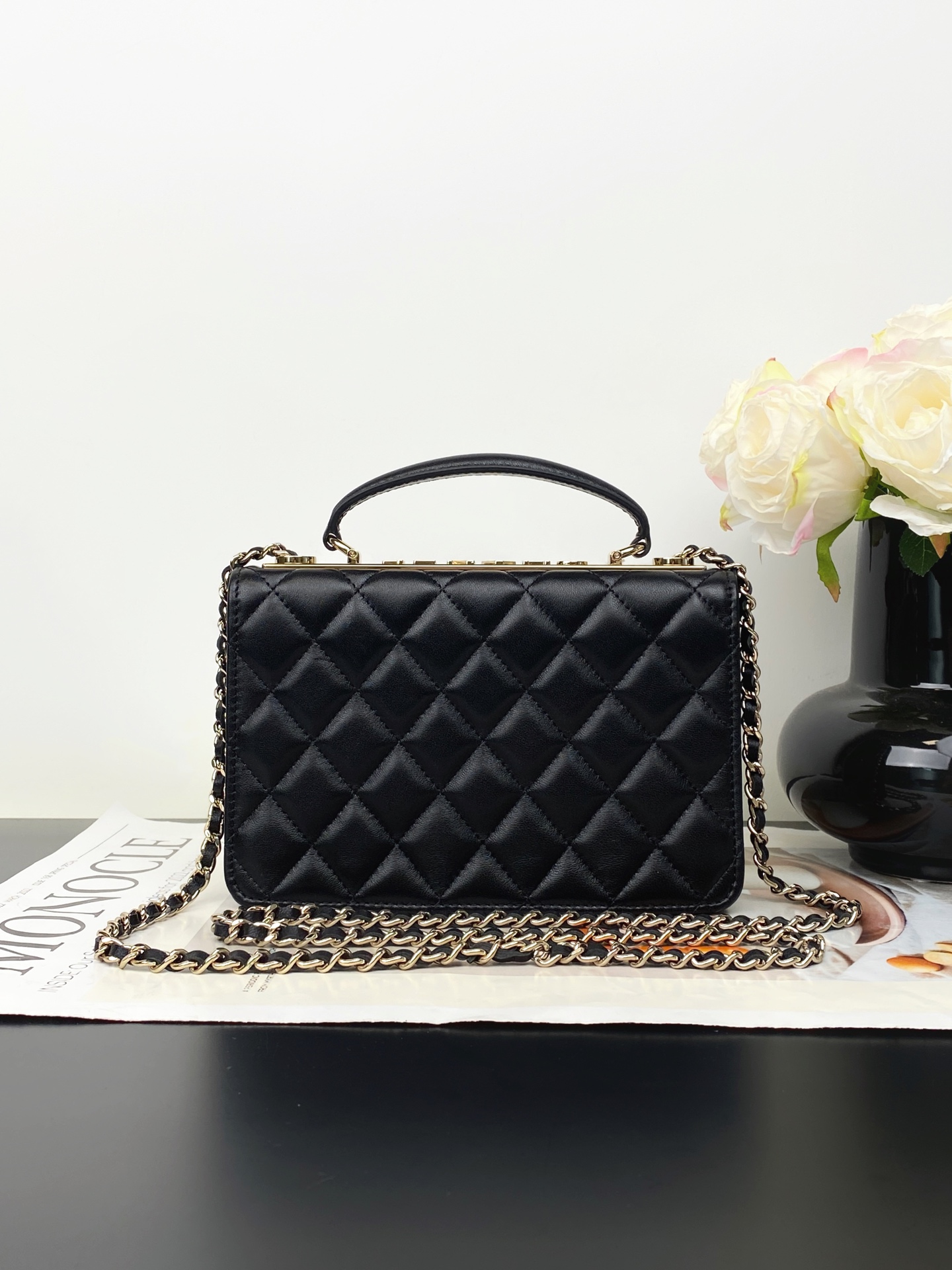 24C Trendy CC Wallet on Chain (WOC) with Handle in Black Lambskin with Crystal CC Gold Hardware (Model AM7652)