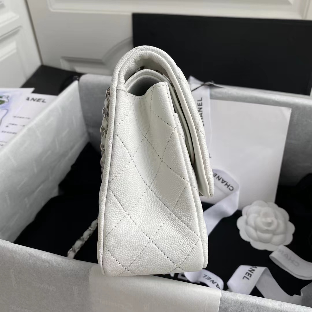 Chanel Classic Double Flap Bag White Silver Hardware 25Cm/10in