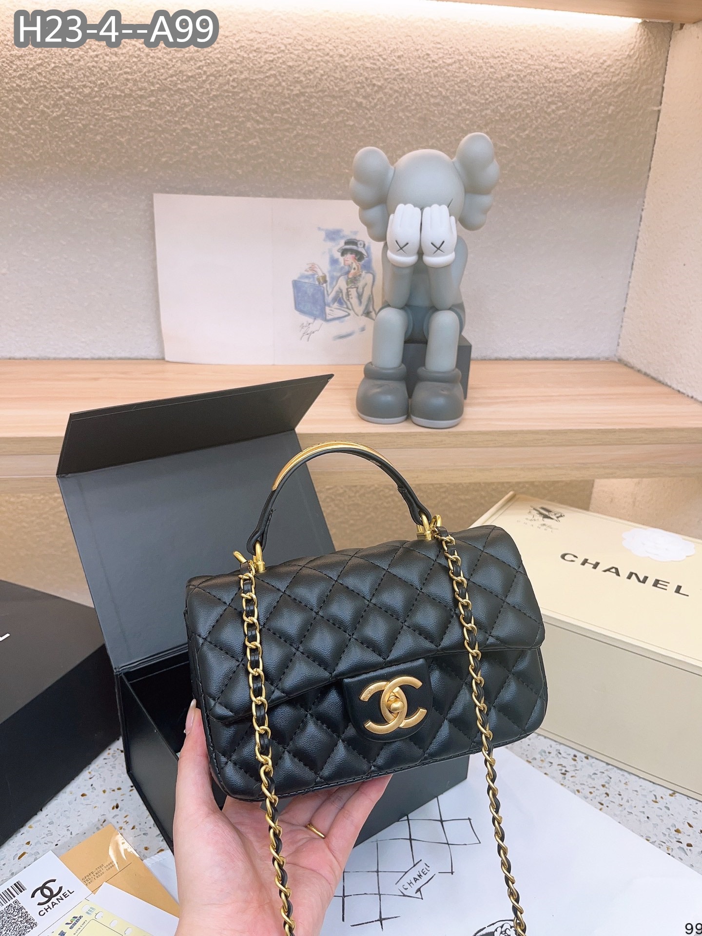 Chanel 22B Flap Bag With Gold Hardware Top Handle Black 21Cm/8in As2431