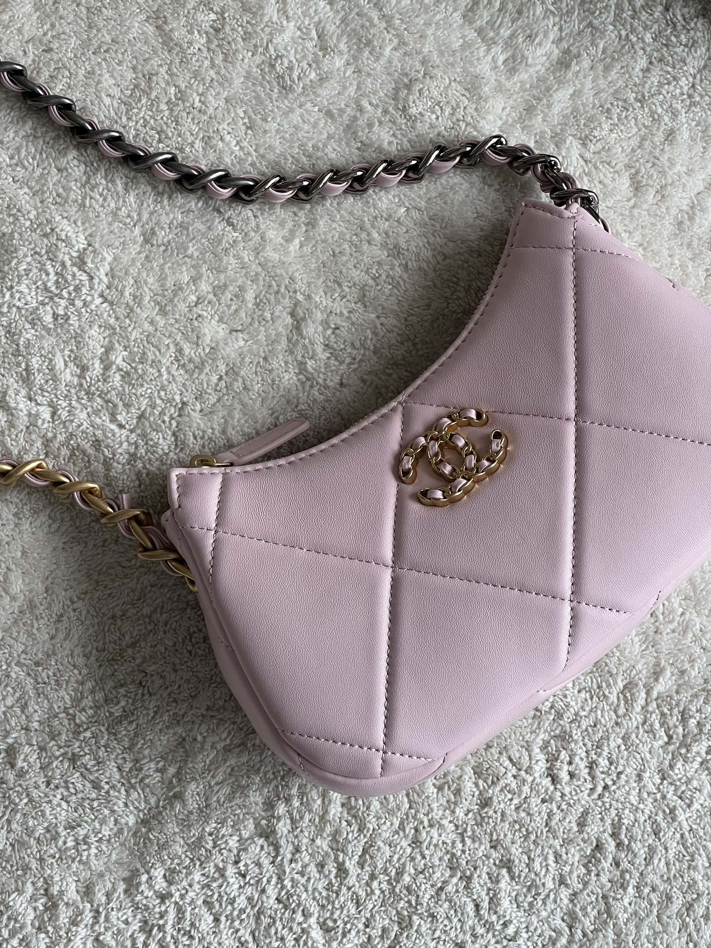 19 Bag Half Moon Hobo in Pink Quilted Lambskin with Bi-Color (Gold & Ruthenium) Hardware, Spring-Summer 2024 (24C)