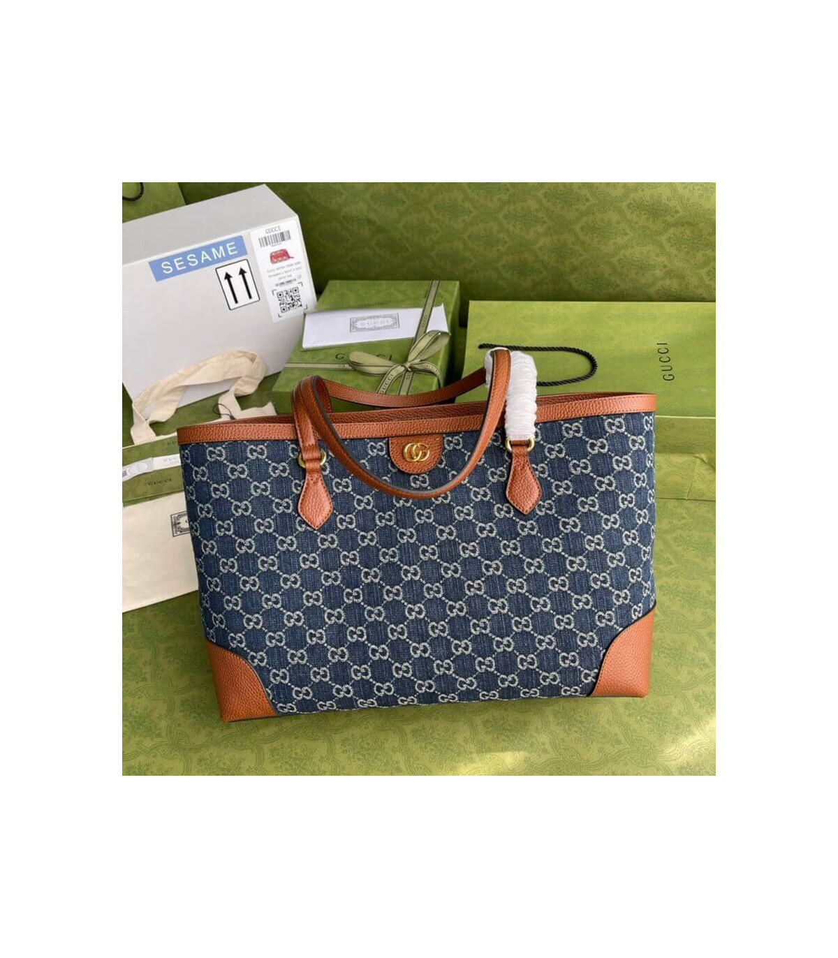 Gucci Indigo & Brown Ophidia Denim Tote 38cm
