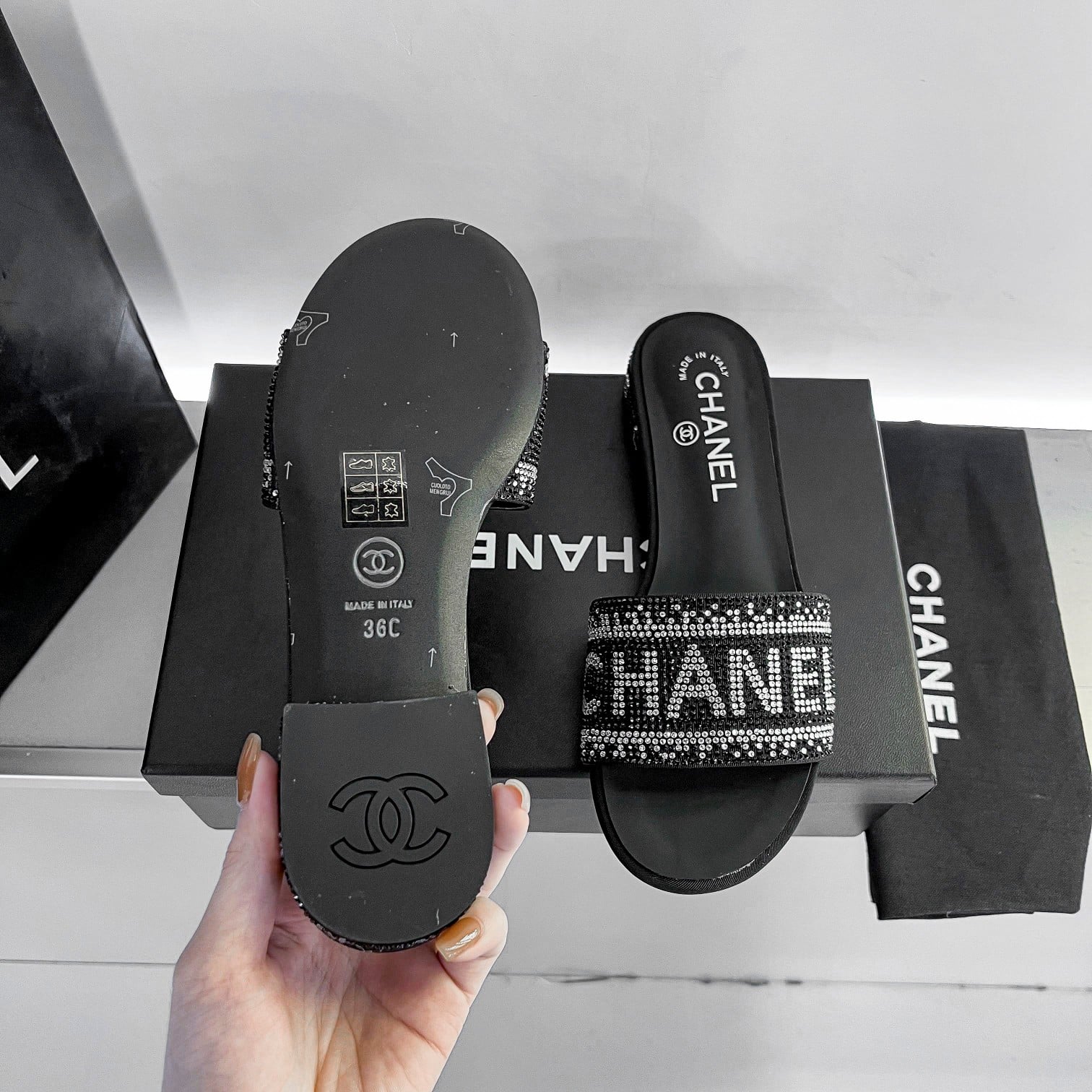Chanel 24P Beaded Diamond Slippers Black