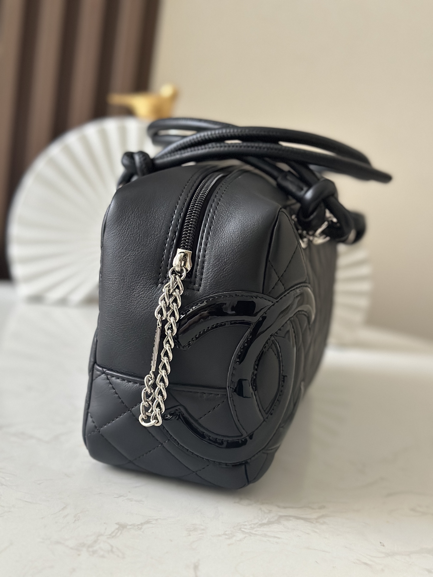 Black Quilted Cambon Bowling Bag with Silver Hardware