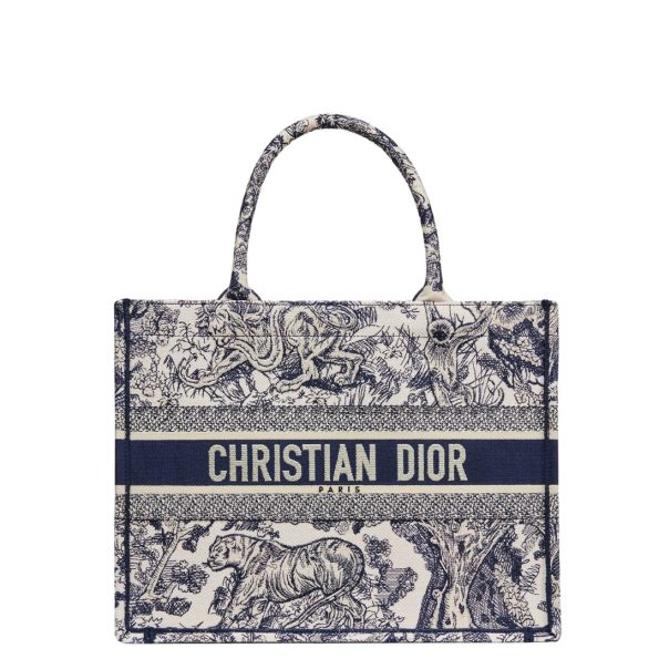 DIOR 36CM NAVY BLUE TOILE DE JOUY STRIPES EMBROIDERY MEDIUM BOOK TOTE