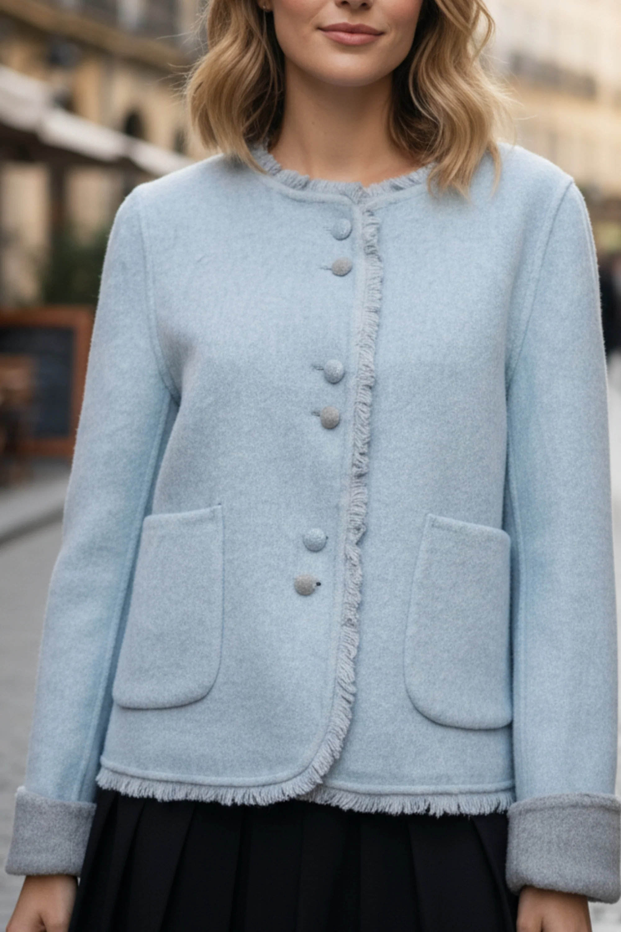 Blue Frayed Double-Sided Cashmere  Blazer