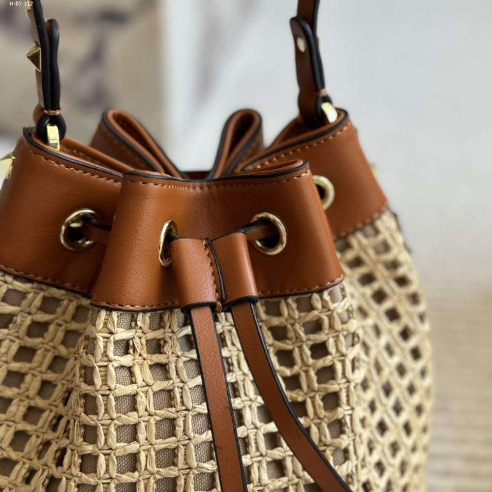 Valentino Rockstud Woven Bucket Bag Brown 19Cm
