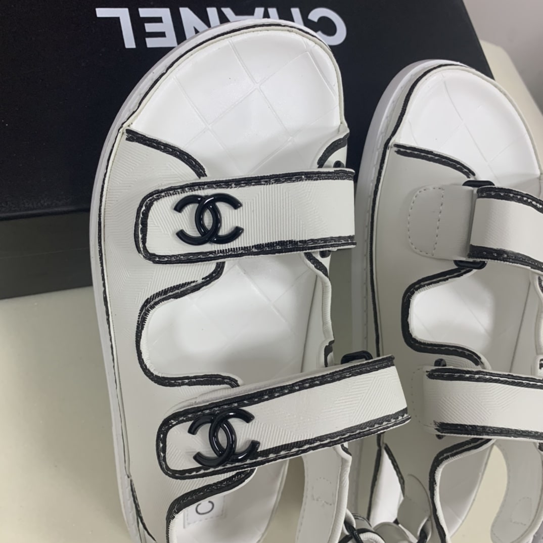 Chanel Calfskin Printed Velcro Dad Sandals White Black