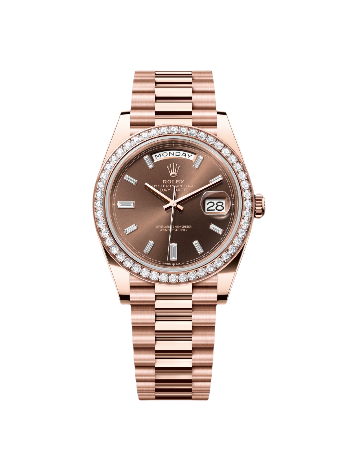 【Super Clone】RLX  Day-Date 40mm Chocolate Baguette Diamond Dial Diamond Bezel Dial Watch 228345RBR