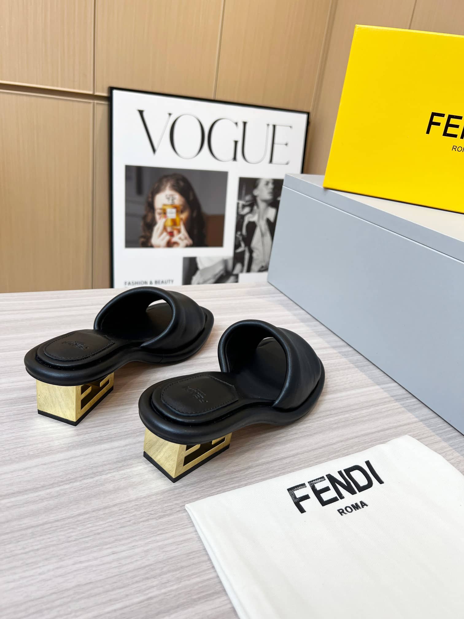 Fendi Cutout Metal Block Heel Padded Leather Sandals Black