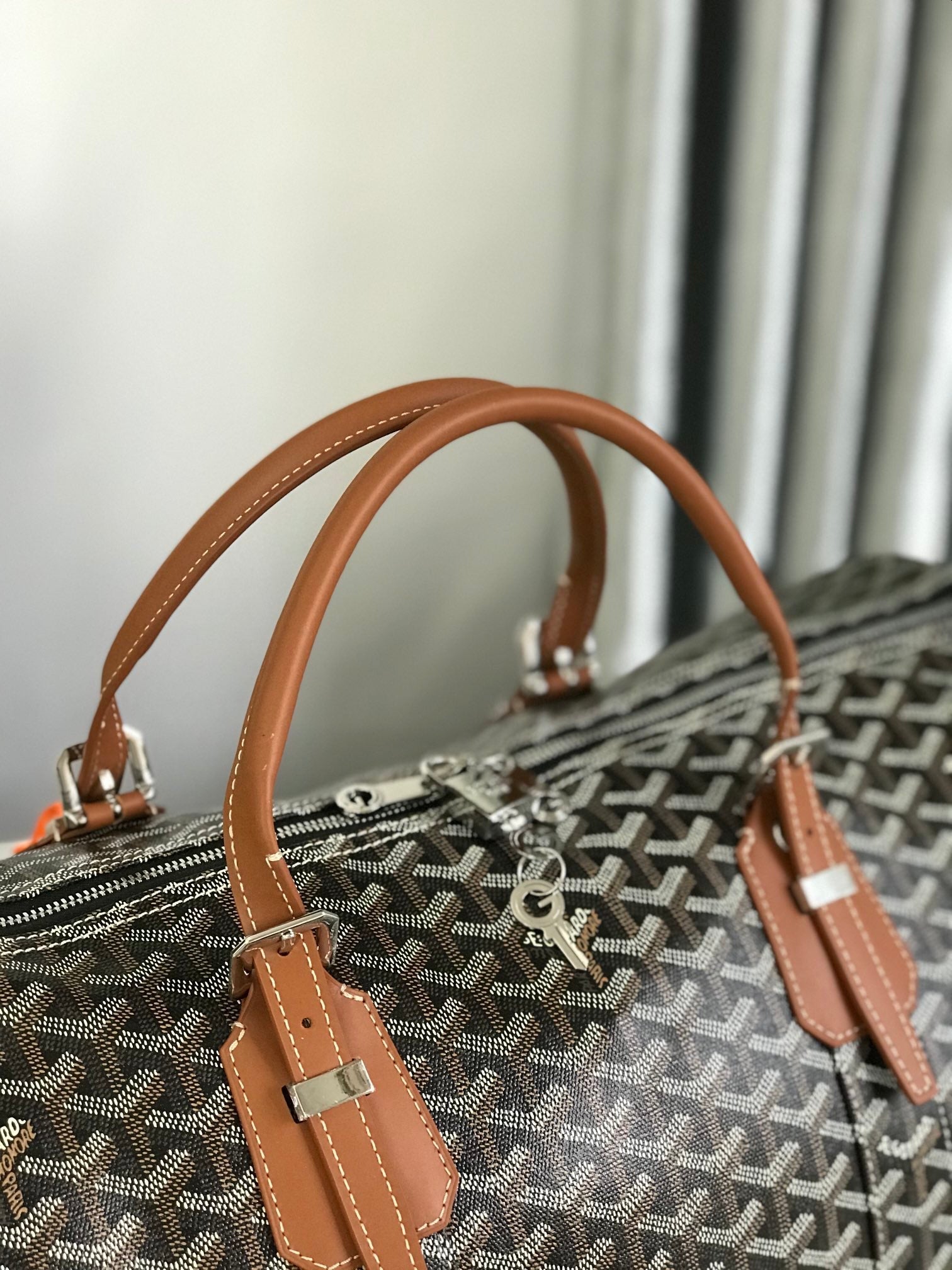 Goyard Boston 50 Bag Cm Black Goyardine Canvas And Tan Calfskin Trim