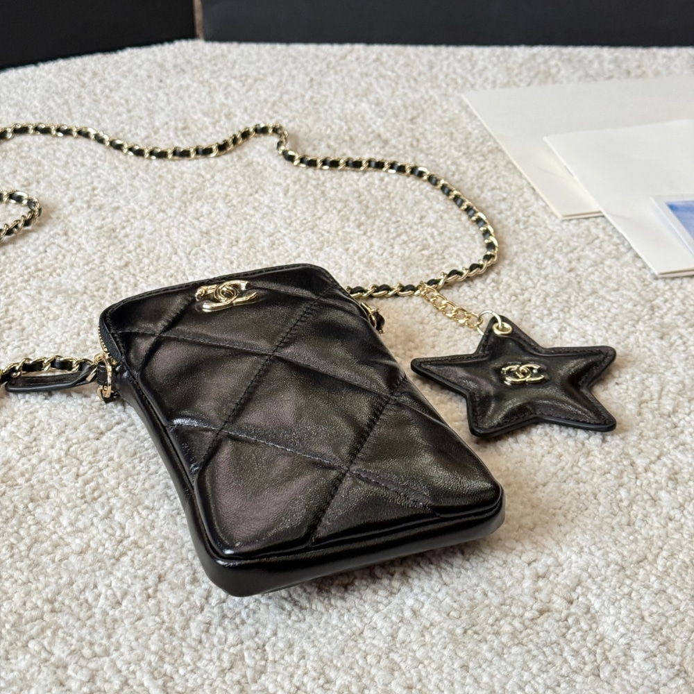 Chanel Phone Holder With Chain Shiny Crumpled And Gold Tone Metal Black 18Cm Ap4777 B21296 94305