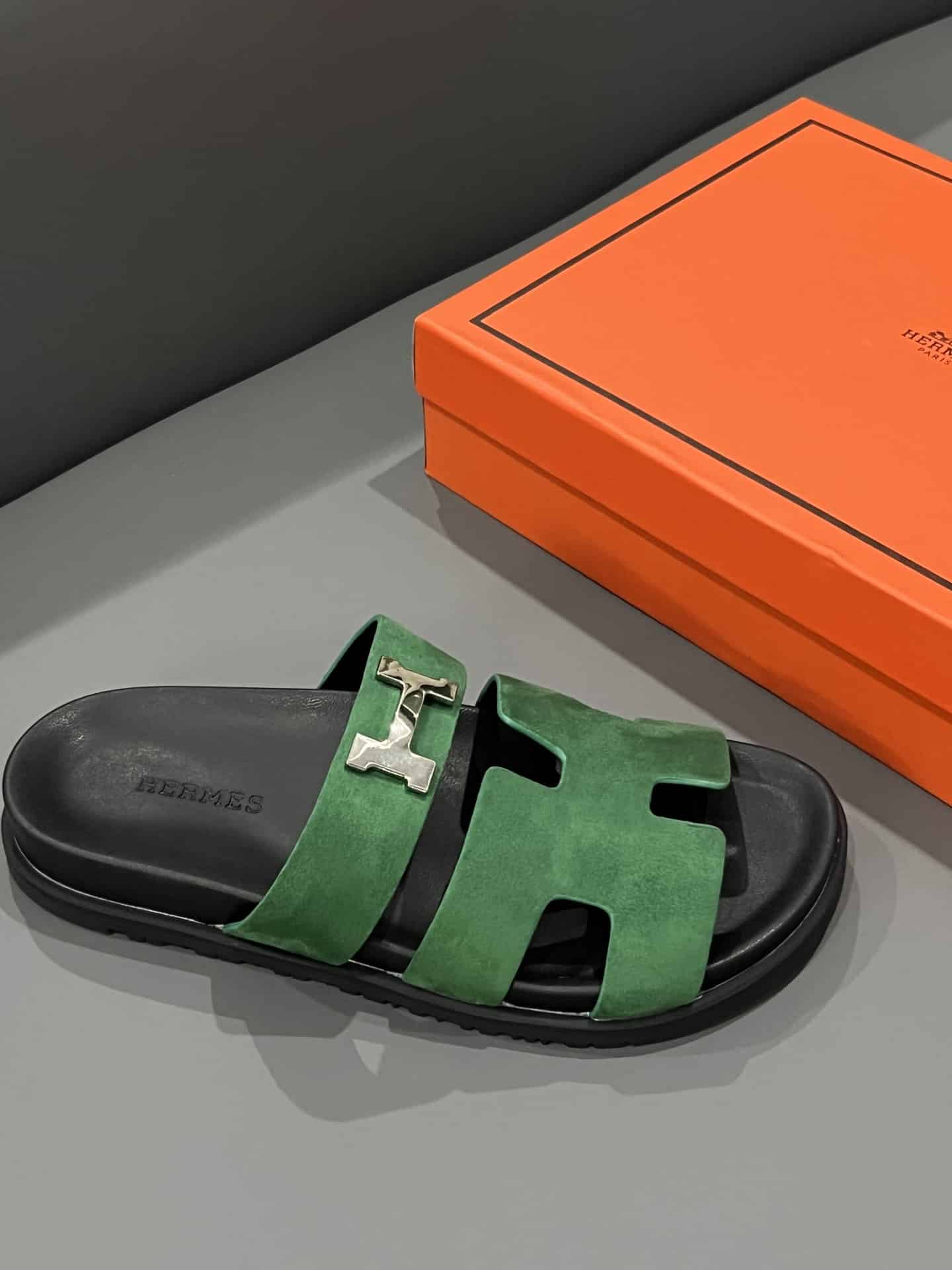 Hermes Chypre Sandal Suede H Logo Silver Hardware Green