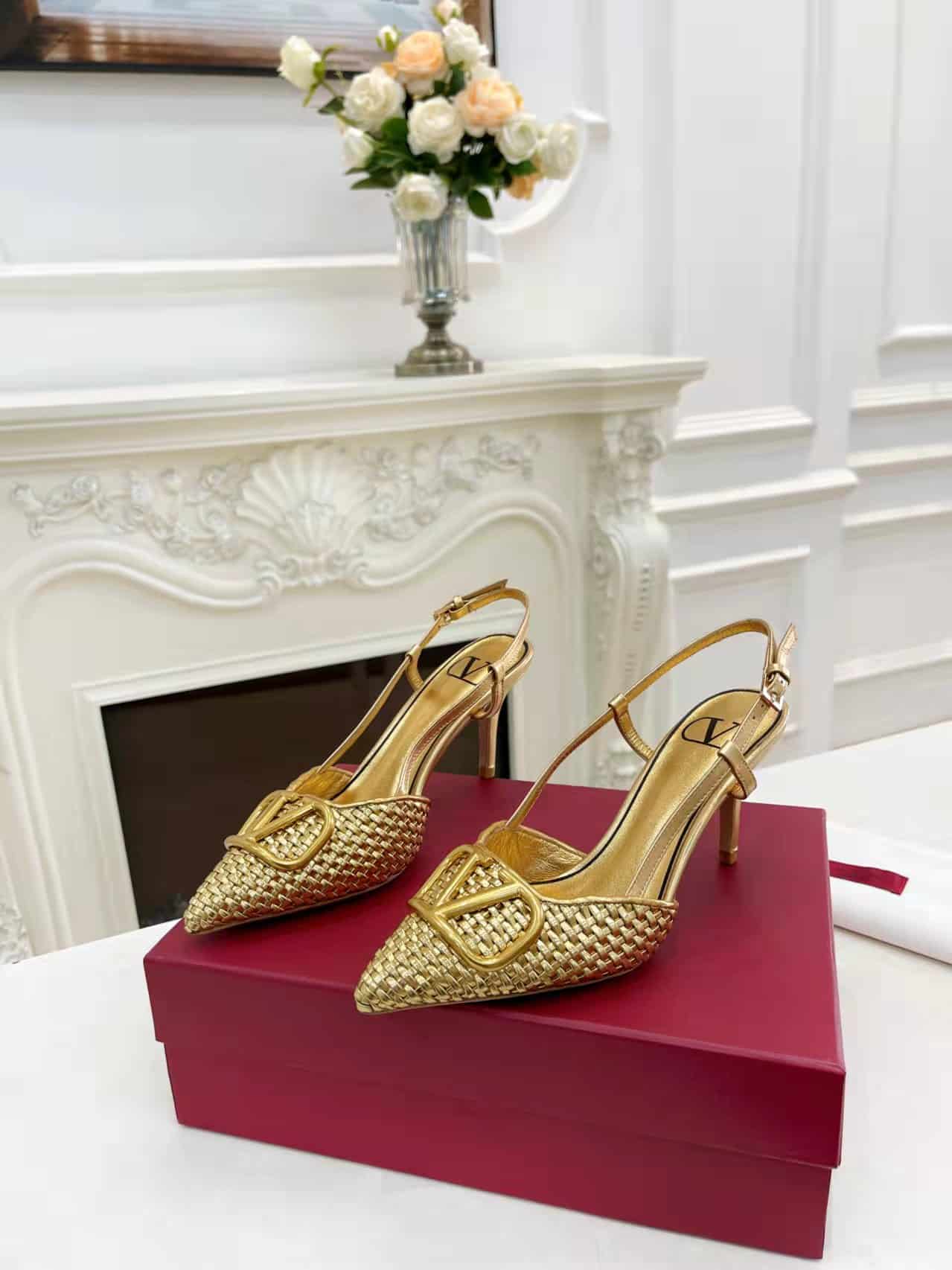 Valentino Garavani VLogo Woven Leather Slingback Pumps Gold