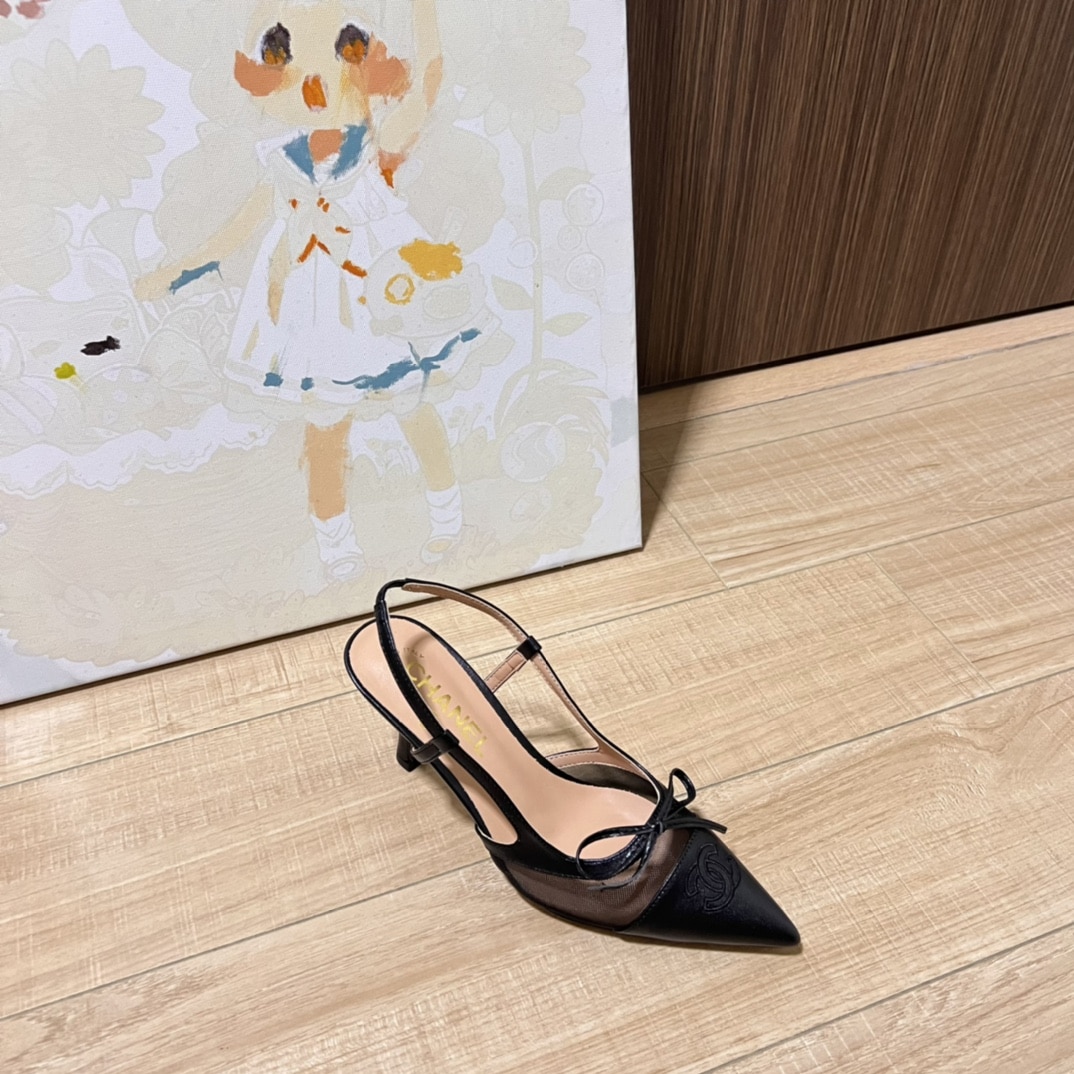 Chanel Cc Leather Pointy Toe Pumps Slingbacks Sandals Black