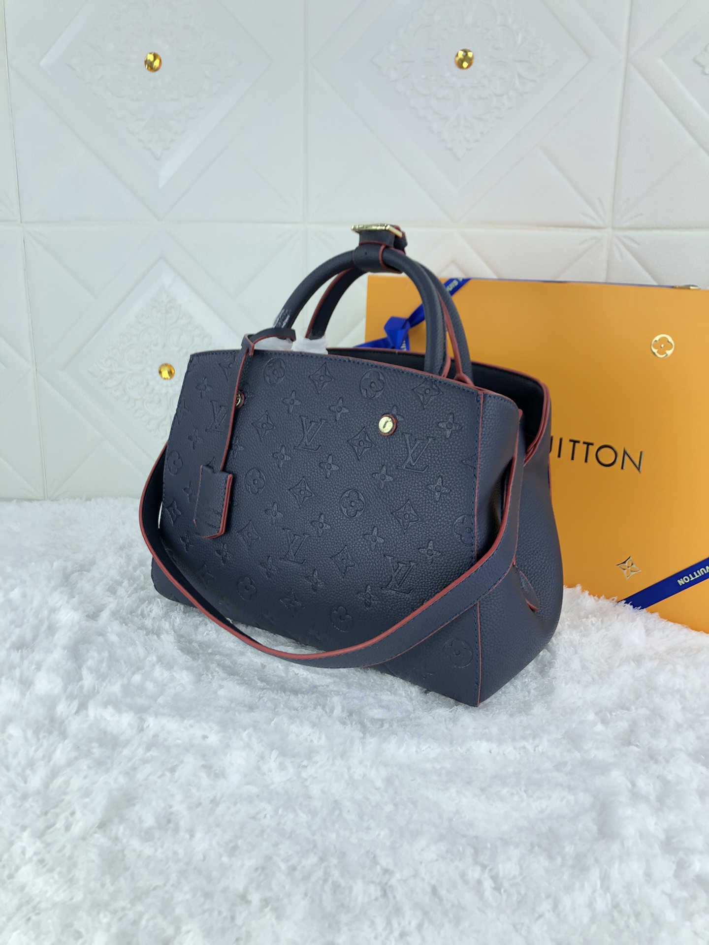 Louis Vuitton Montaigne MM Monogram Empreinte Leather Navy Blue 33Cm M42746