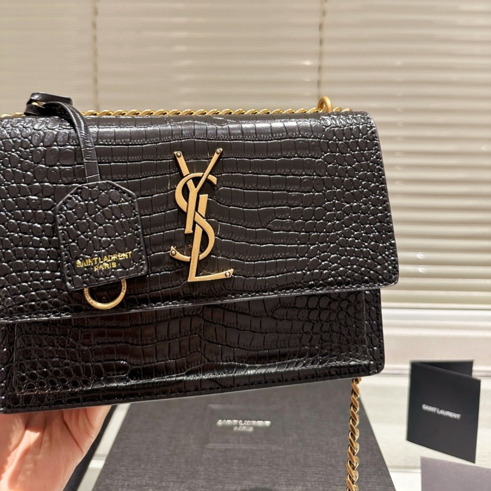 Saint Laurent Sunset Medium In Crocodile Embossed Leather Black 22Cm