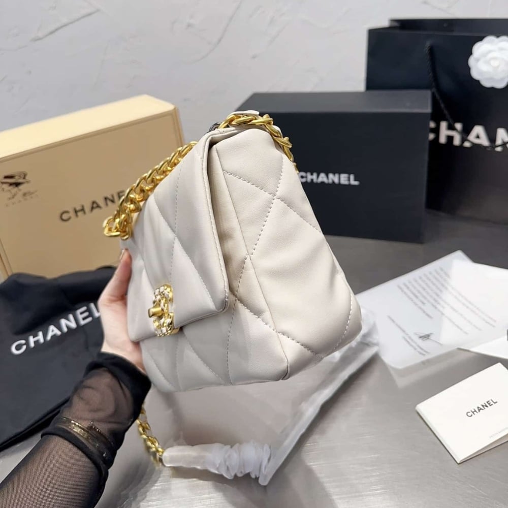 Chanel 19 Flap Bag Shiny Gold And Silver Tone White 26Cm As1161 B04852 10601