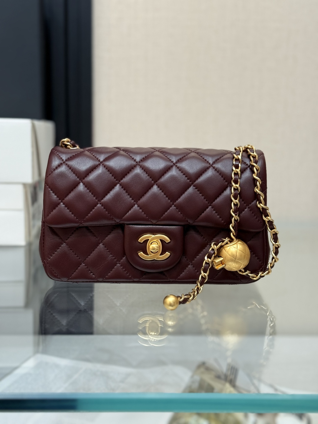 Classic Flap Large Mini (20cm) Bag (AS1787) in Burgundy Quilted Lambskin with Antique Gold-Tone Hardware & Globe Adjustable Gold Ball