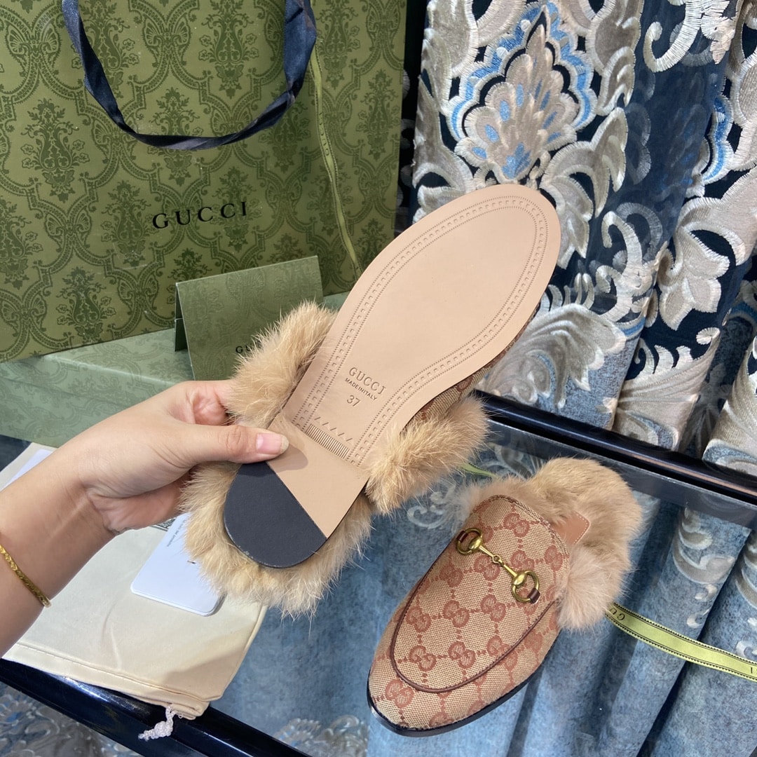 Gucci Princetown Lamb Fur Slippers Rust Natural