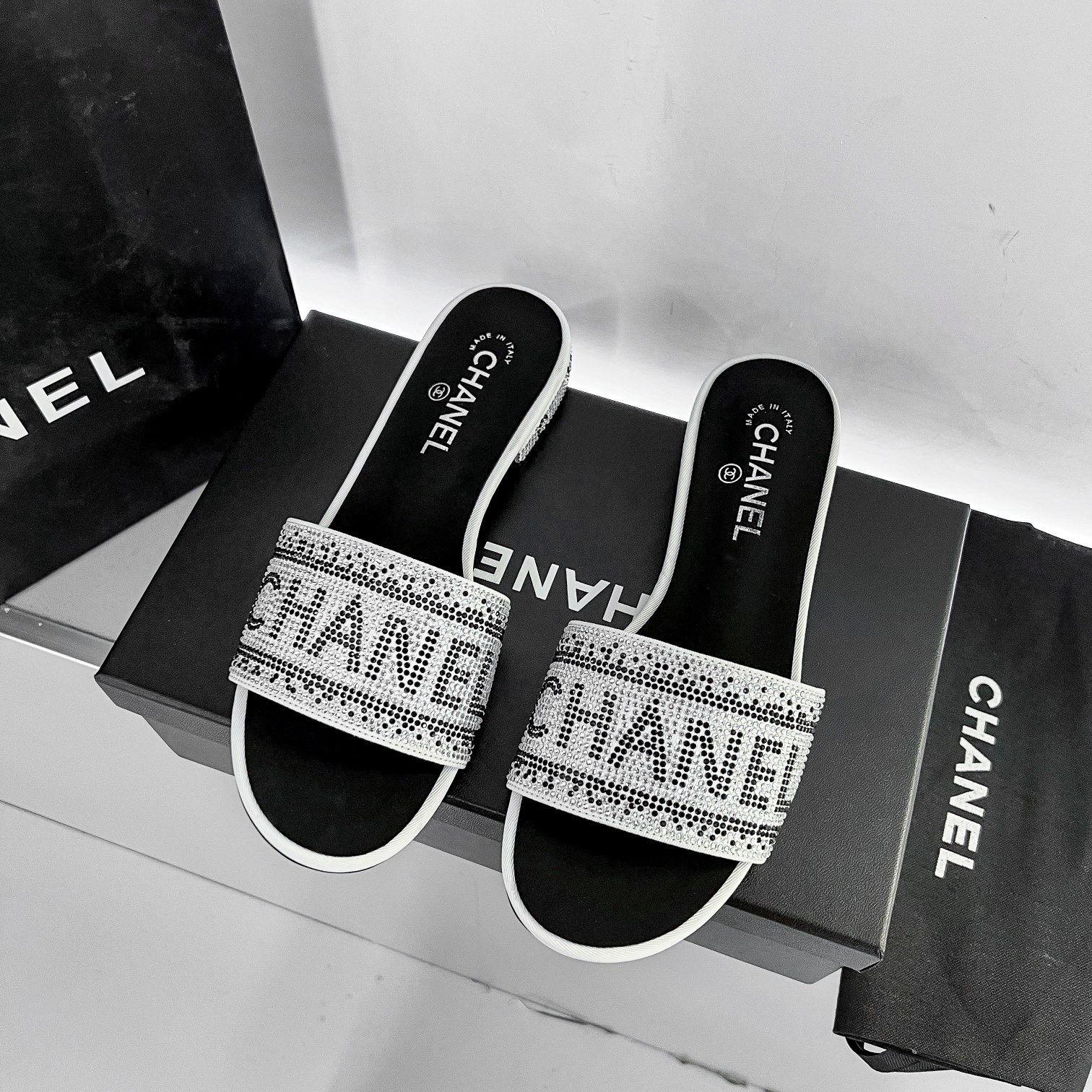 Chanel 24P Beaded Diamond Slippers Silver
