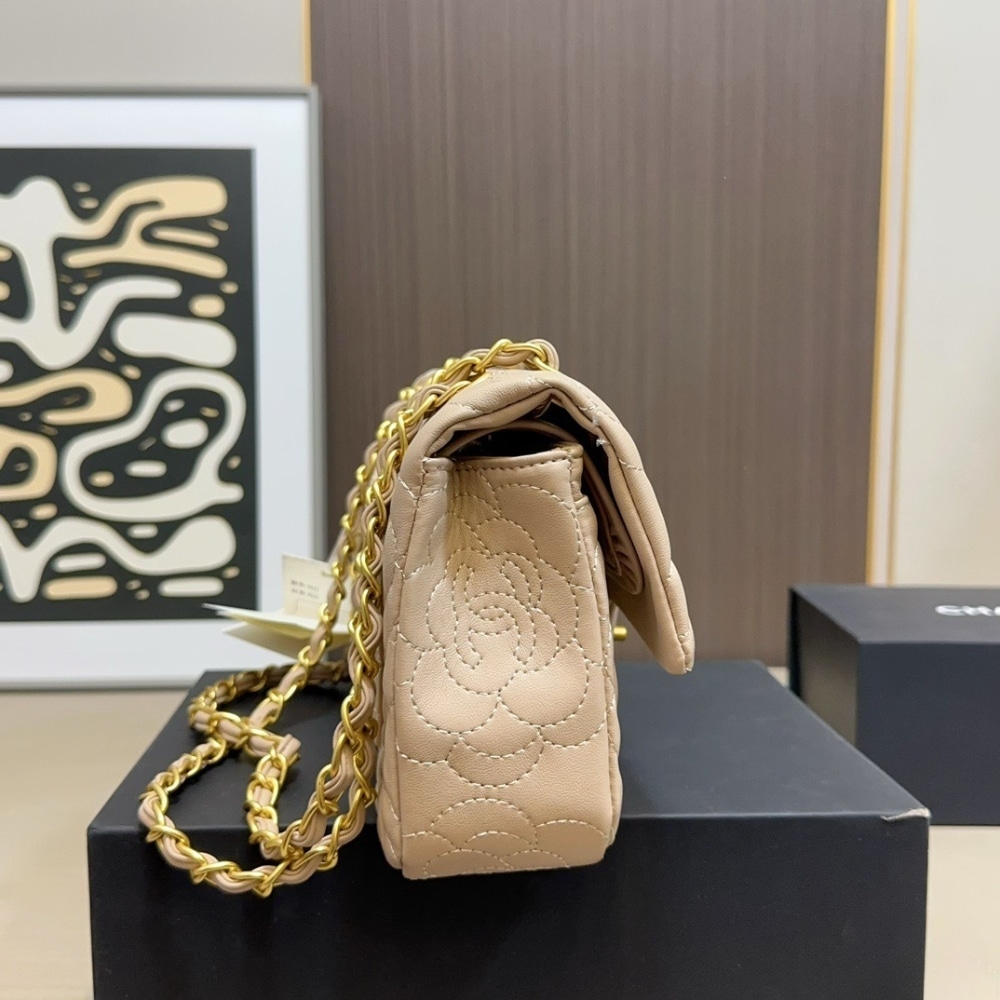 Chanel Flap Bag With Camellia Flower Chain Beige 26Cm