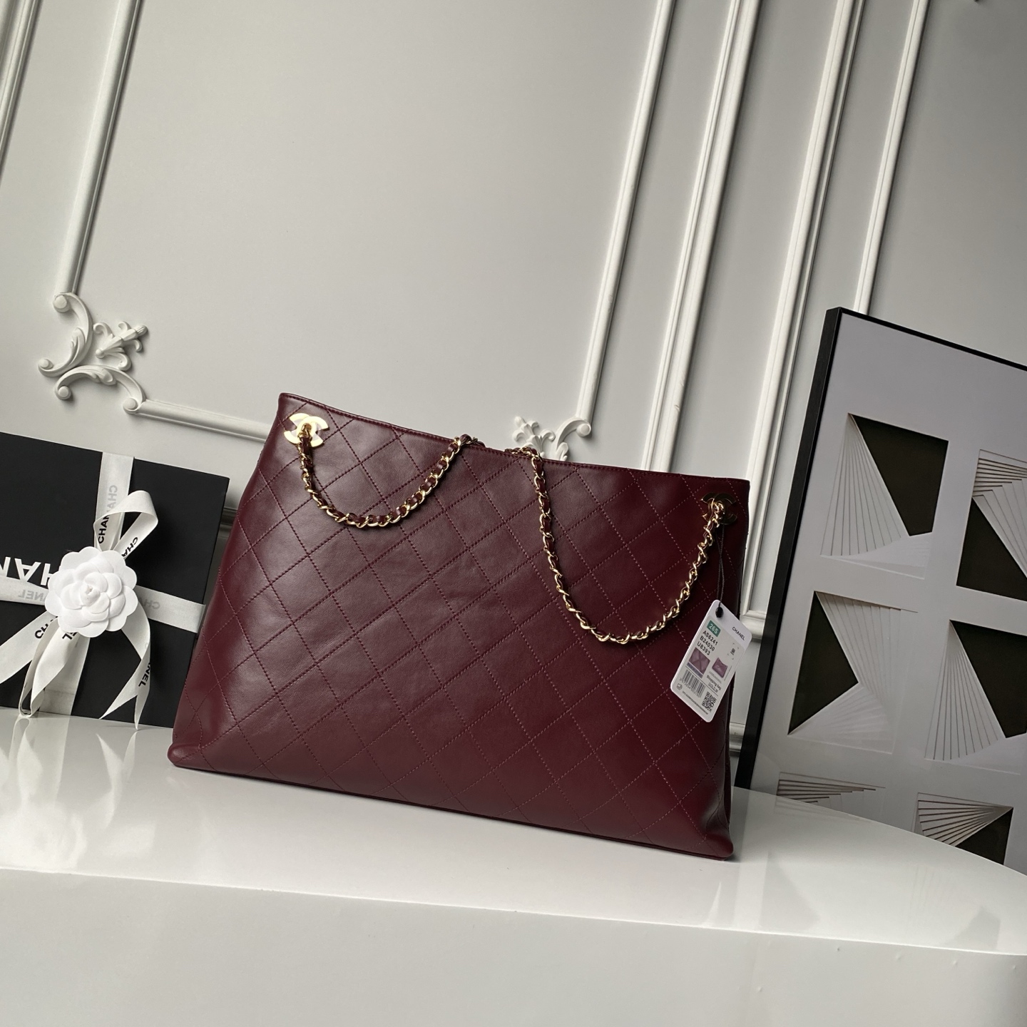 23S Large Shopping Tote Bag (AS2421) in Burgundy Quilted Smooth Lambskin with Light Gold-Tone Hardware