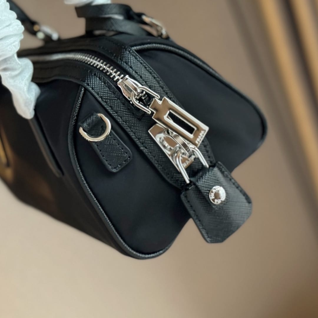 Prada Bauletto Recycled Nylon Shoulder Bag Black 21Cm
