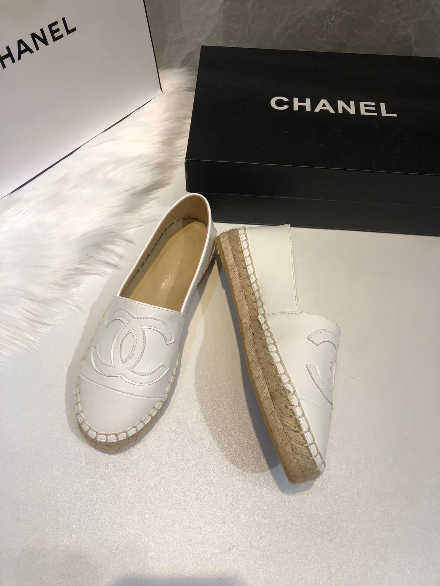 Chanel Embroidered Espadrille Leather Cap Toe Flats White