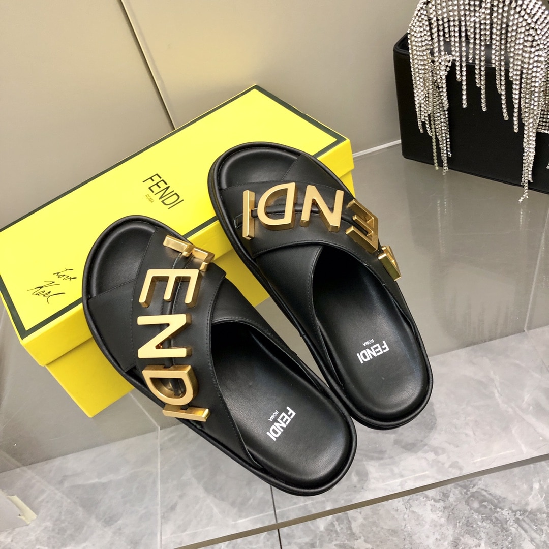 Fendi Fendigraphy Leather Slides Black 8X8289Ai1Rf1H1K