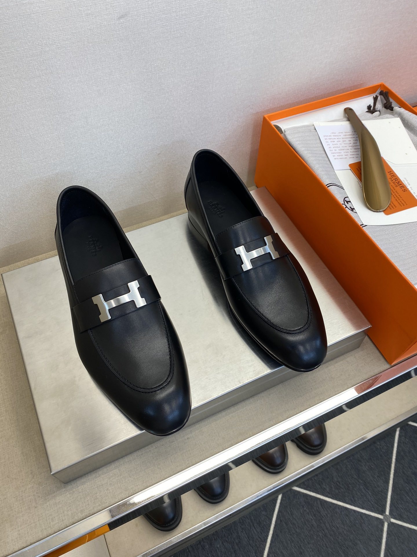 Hermes H-Buckle Black Smooth Leather Loafers- Shoes for Men
