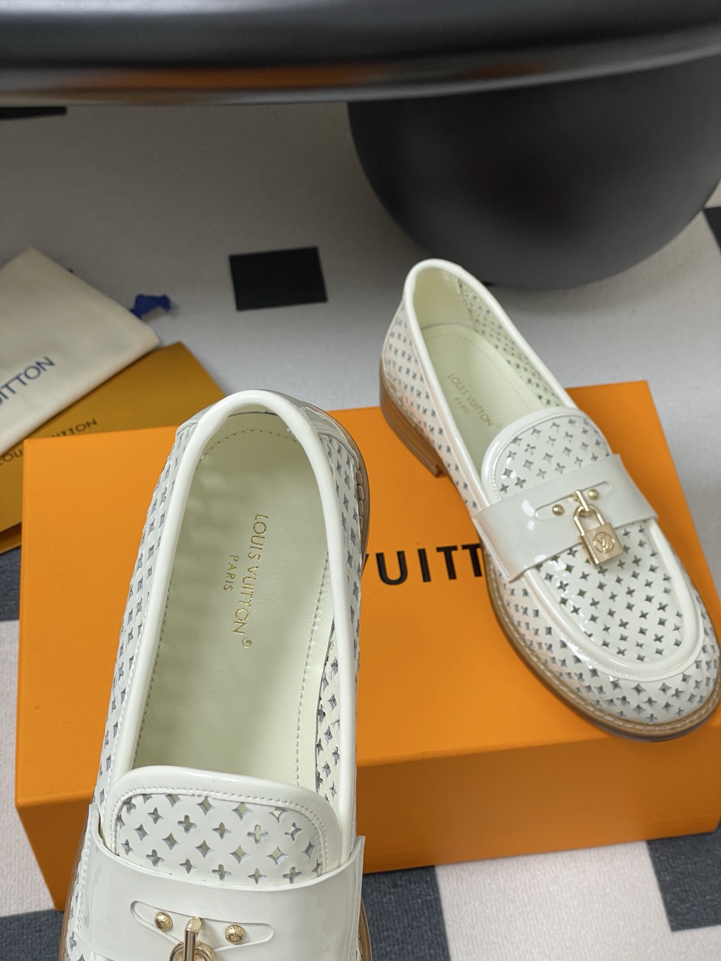 Louis Vuitton Chess Flat Loafer White Monogram Embroidered with Gold Padlock 1AGXRV