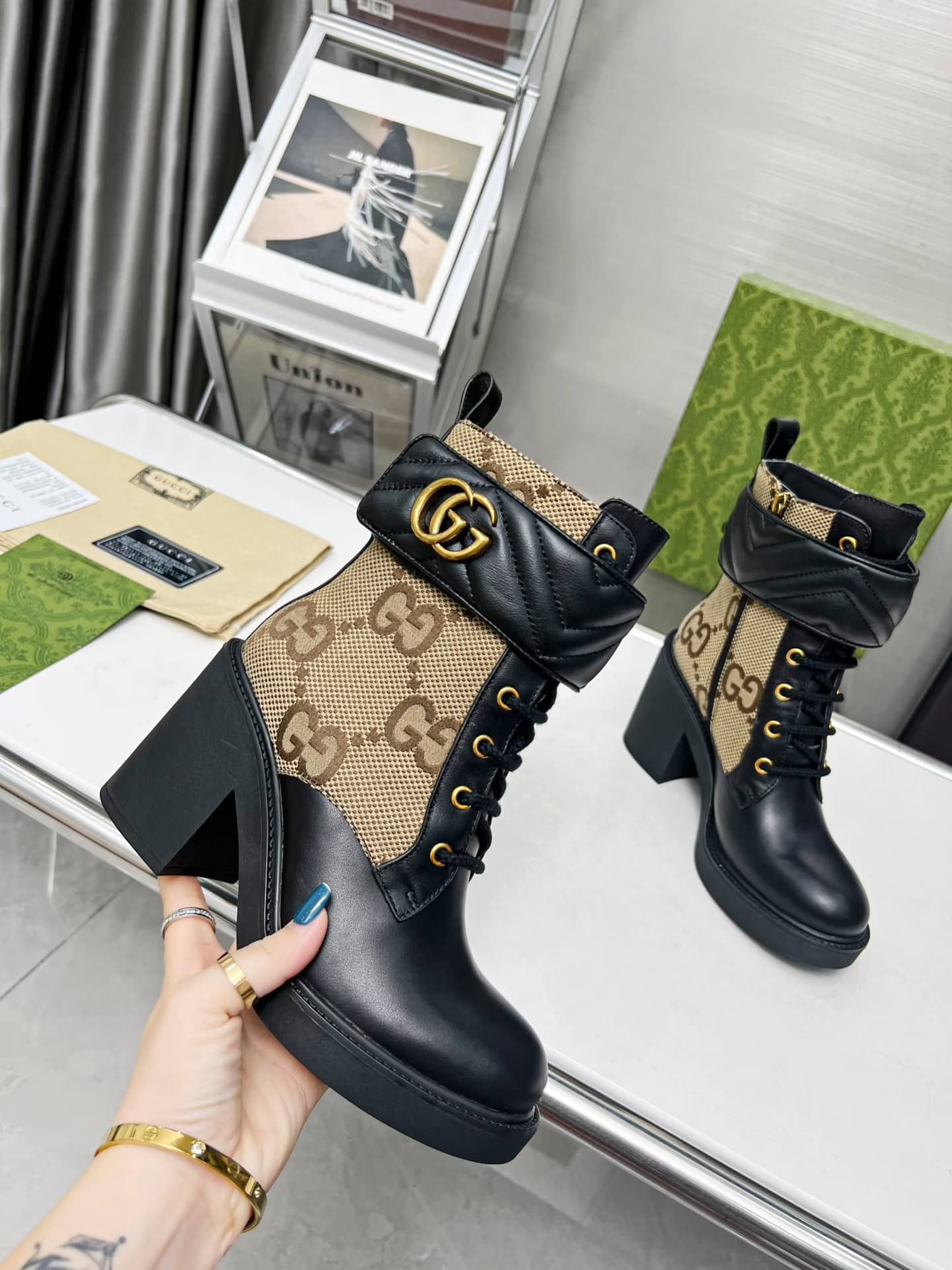 Gucci With Double G Ankle Boots Camel Ebony 719849 Aabd0 1183