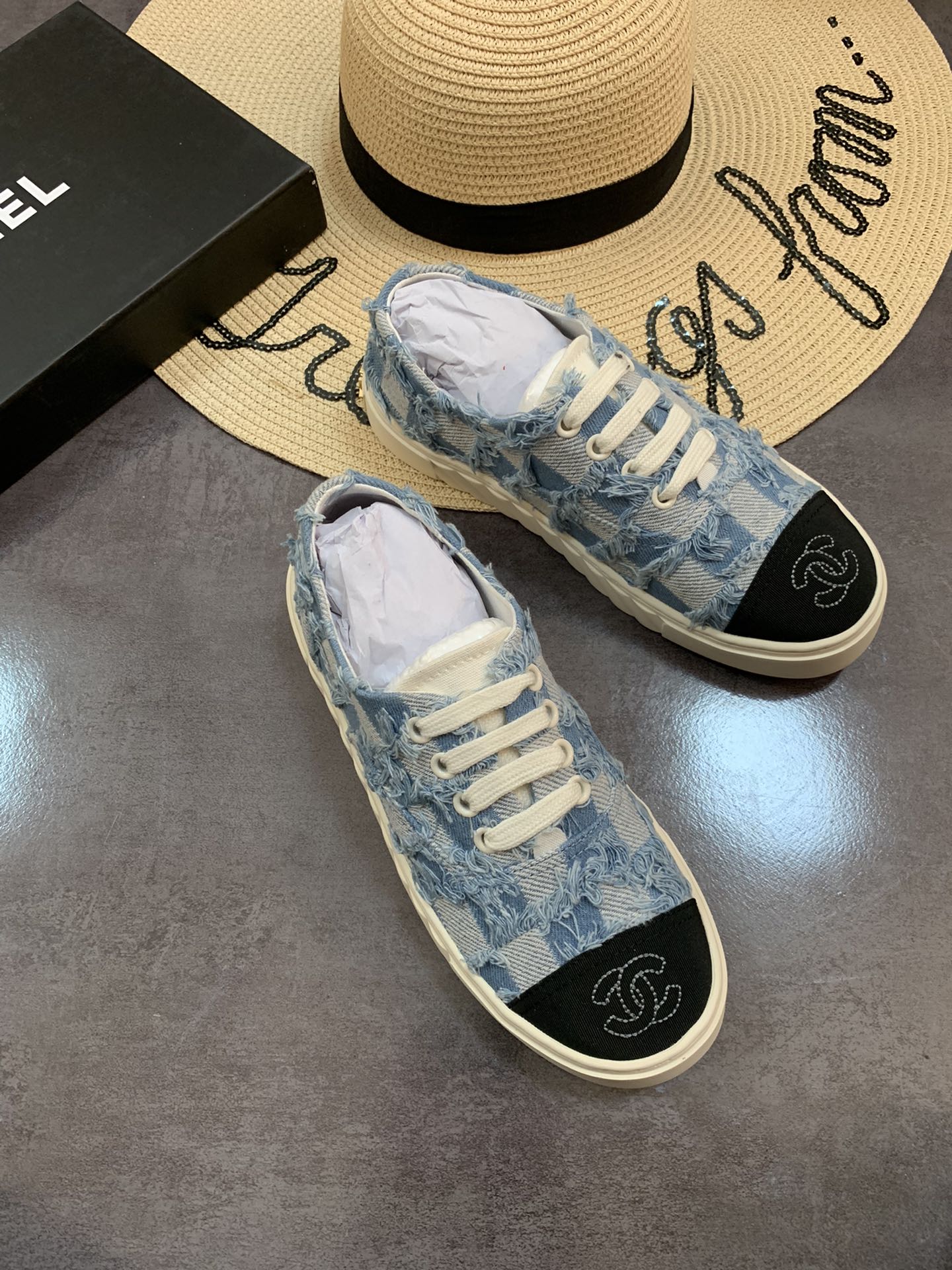 Chanel Cc Sneakers Mix Denim Blue