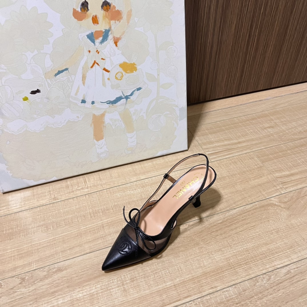 Chanel Cc Leather Pointy Toe Pumps Slingbacks Sandals Black