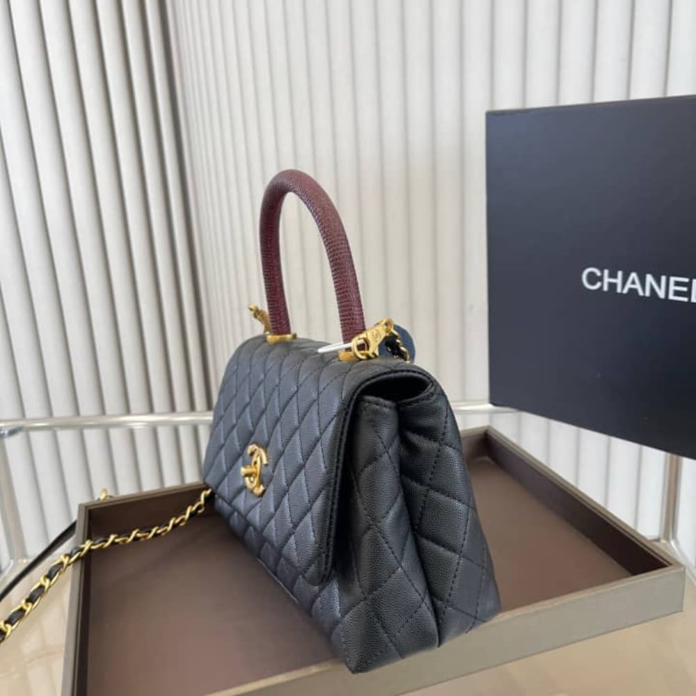 Chanel Coco Medium Grained Leather Top Handle Bag Black 23cm