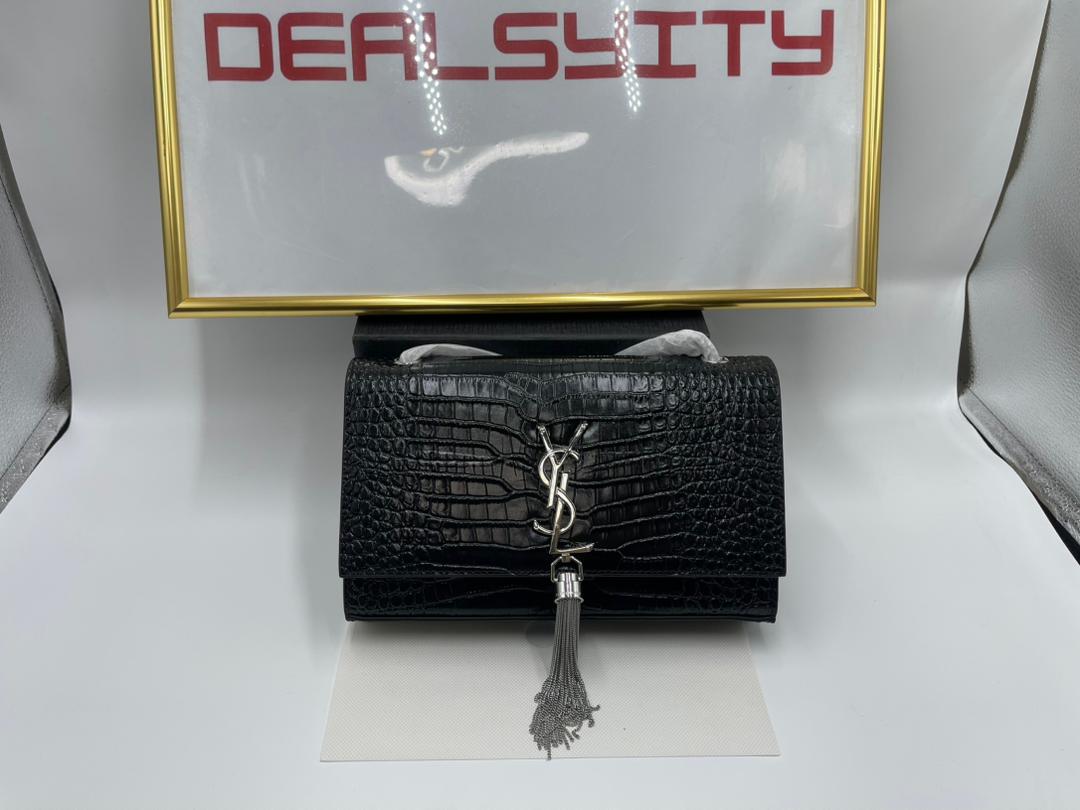 Saint Laurent Kate Tassel Medium Crocodile Embossed Leather Black 22Cm