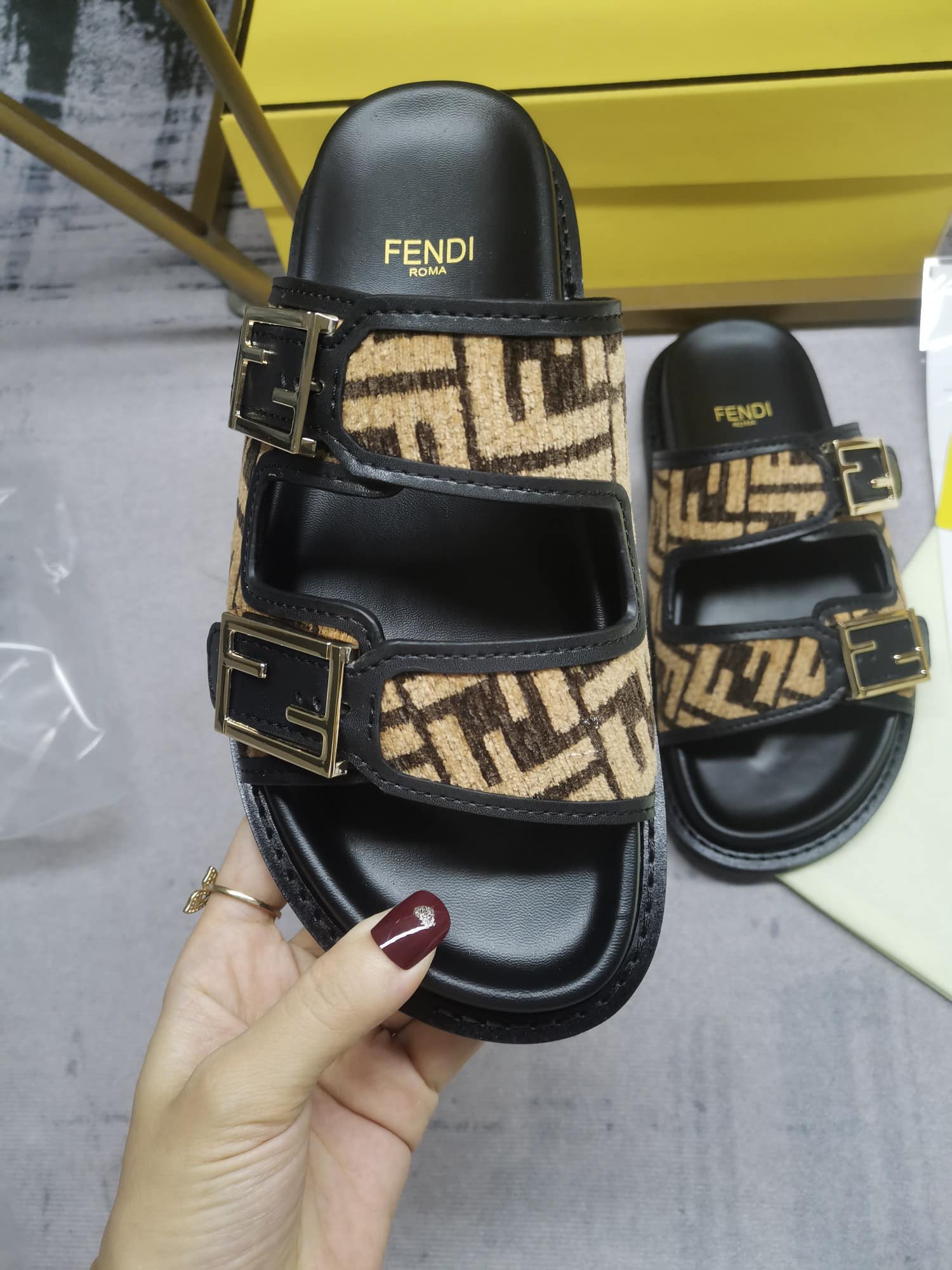 Fendi Feel Ff Fabric Slides Black