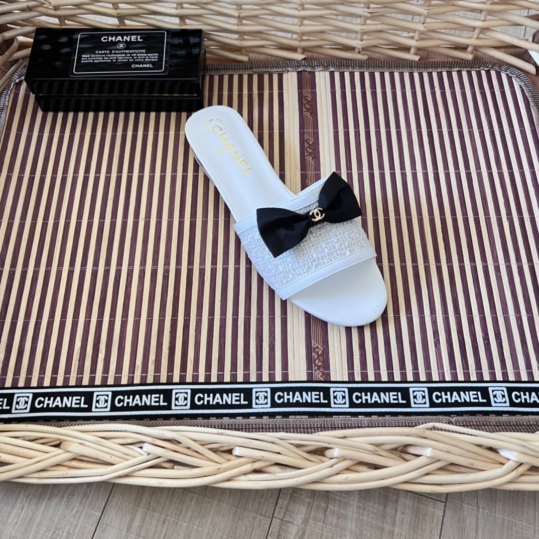 Chanel Grosgrain Ribbon Bow Flat Sandal Tweed White