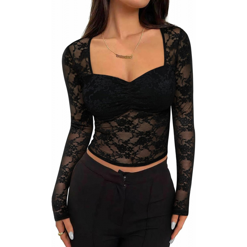 Women's Sexy Sheer Mesh Tops Floral Lace Long Sleeve