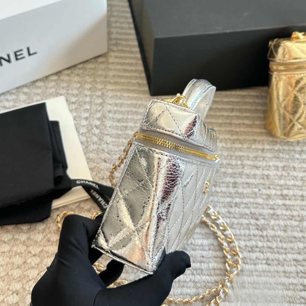 Chanel Vanity Case With Chain Metallic Silver 20Cm