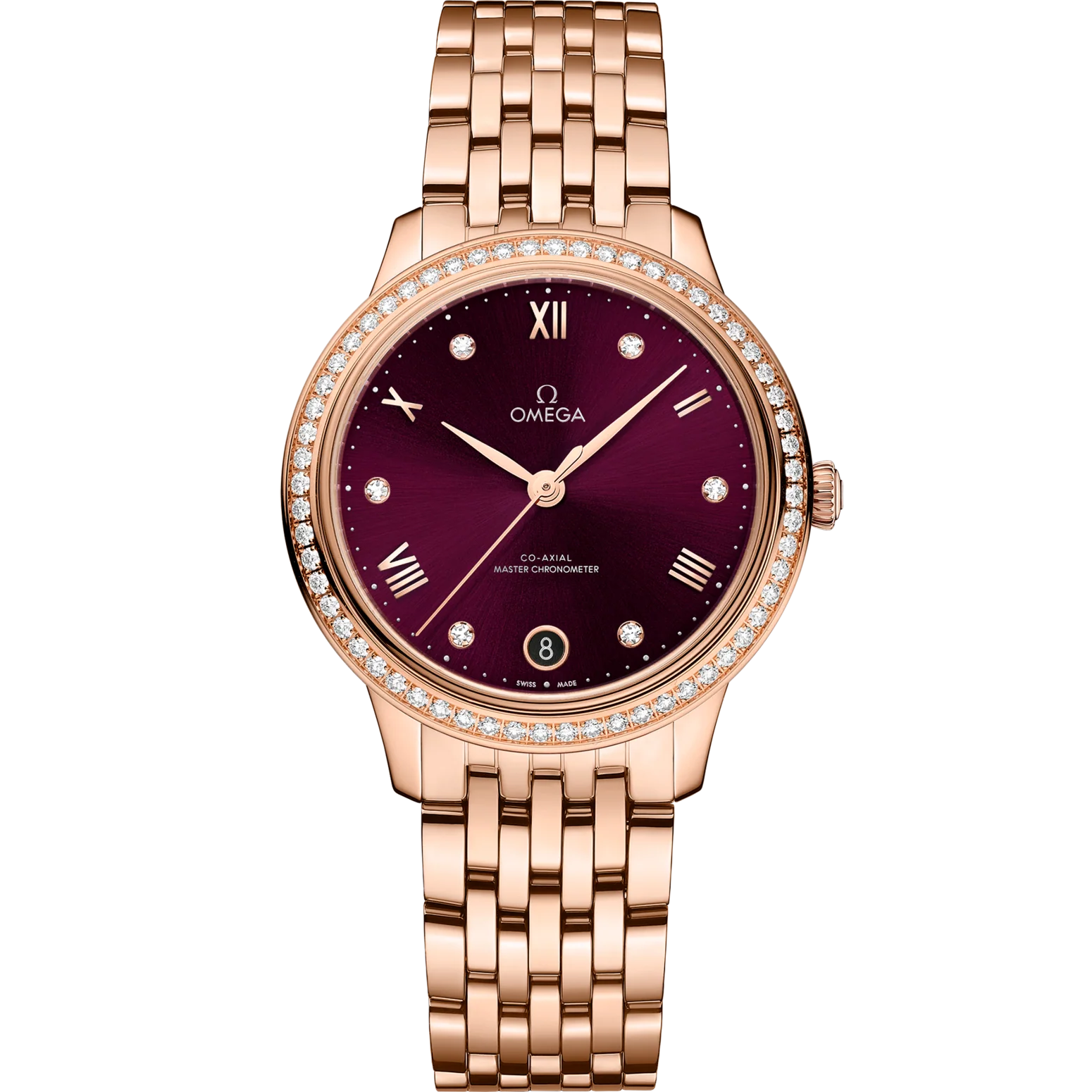 Omega De Ville Prestige 34mm Red Dial with Diamonds Sedna™ 18k Rose Gold Bracelet 434.55.34.20.61.001